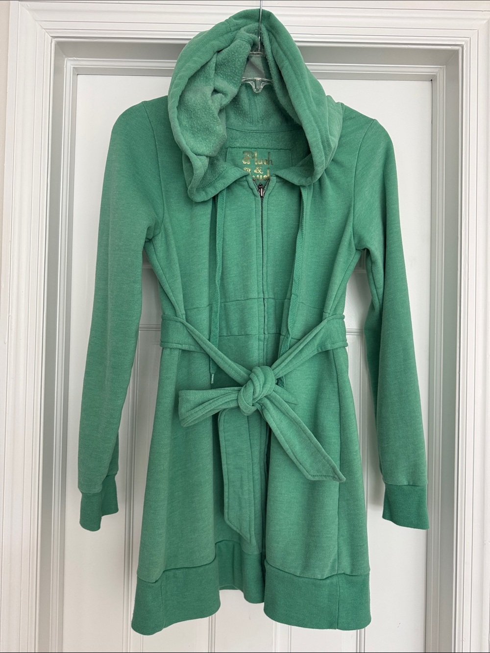 Plush & Lush Mint Green Hooded Belted Zip-Front Sweatshirt